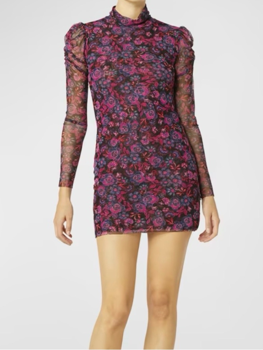 Misa Los Angeles Stormi Mock Neck Floral Print Mesh Puff Sleeve Mini Dress Sz S